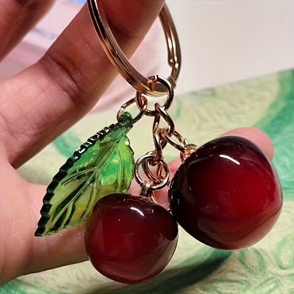 Accessories - 🍒 Cute Glossy Red Cherry Keychain Gold Tone Fruit Charm Bag Purse Backpack